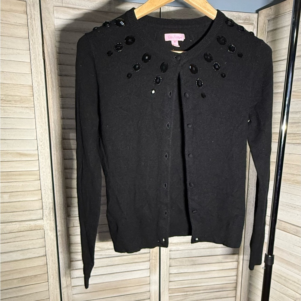 MED Cashmere Wool Blend Lilly Pulitzer Black Cardigan with Beaded Details